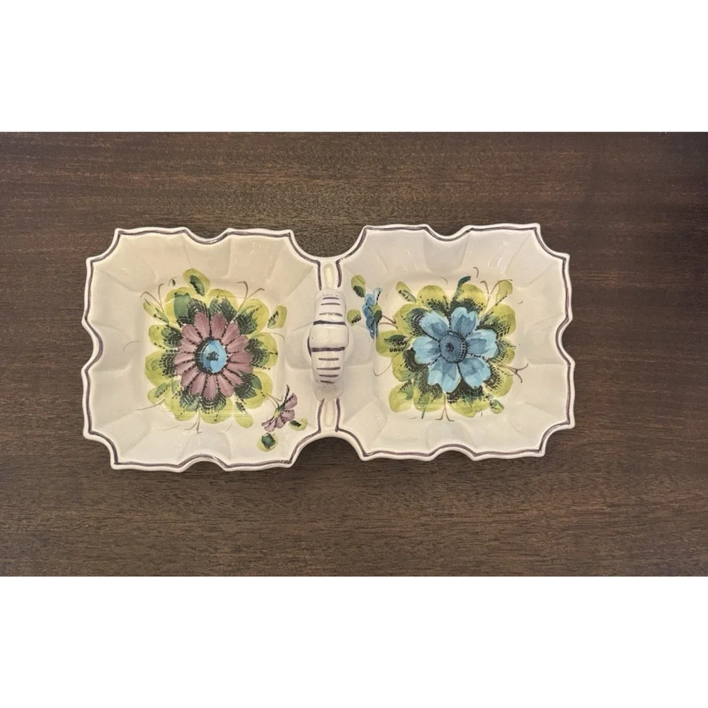 Italian Ceramic Divided Serving Dish Hand Painted Floral Bowl Made in Italy VTG